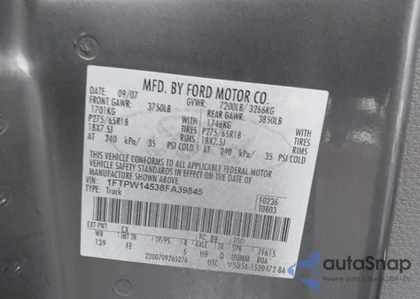 2008 Ford F-150 60Th Anniversary/Fx4/King Ranch/Lariat/Limited/Xlt from USA, damaged, VIN 1FTPW14538FA39845